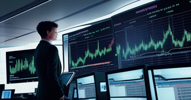 A trader analyzing graphs and metrics in front of multiple screens