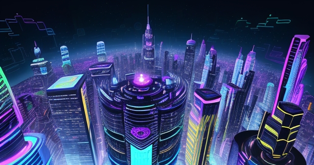 A futuristic cityscape with blockchain elements