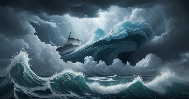 Waves crashing against stock market indices.
