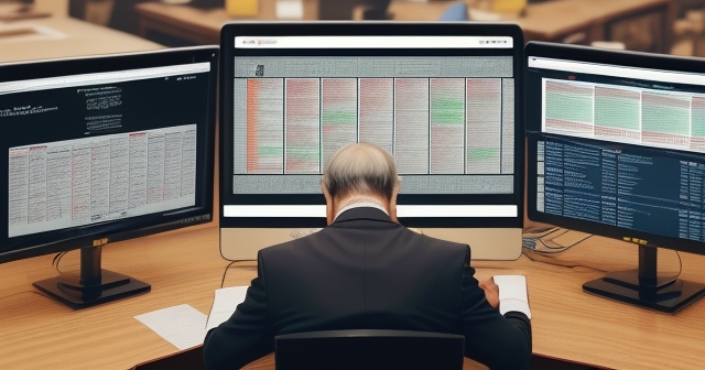 An illustration of a trader examining economic indicators on multiple screens