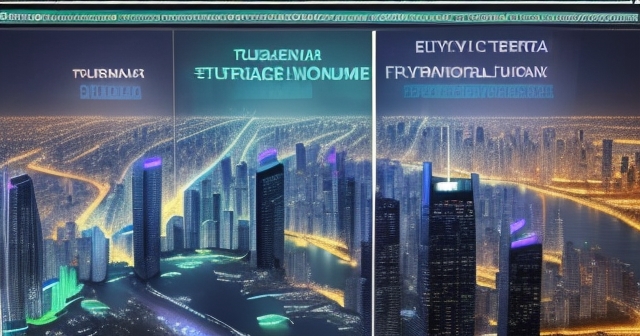 city skyline with currency symbols