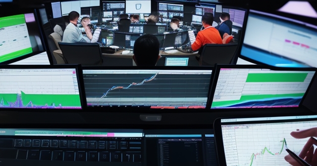 High-tech trading floor with screens