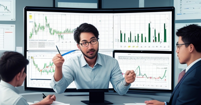 Close-up of trading indicators on a screen, graphs and data visible
