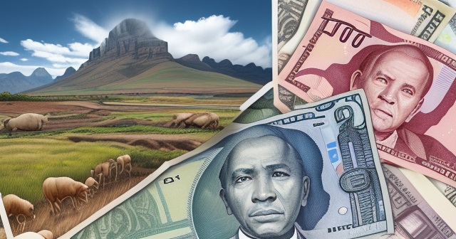 Vibrant Lesotho landscape with Loti banknotes floating