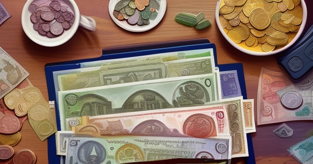 A bustling market scene with diverse currency exchanges