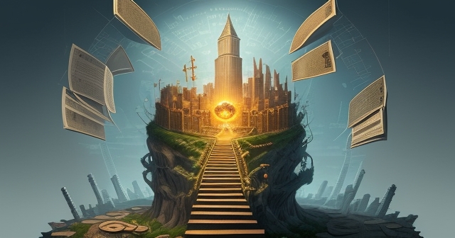 An illustration of a trader building a skyscraper made of stacks of books on trading principles.