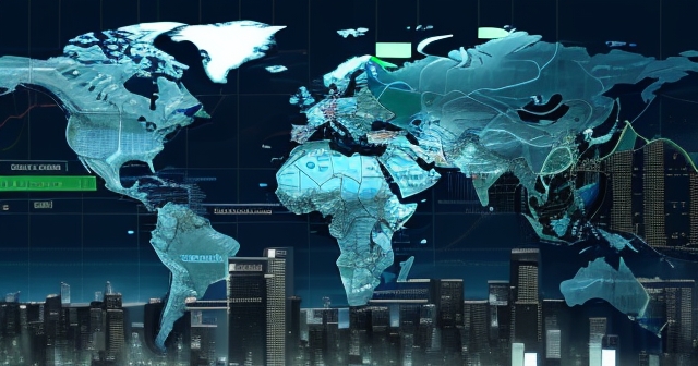 Night scene of global trading centers glowing with activity
