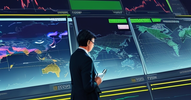 Digital currency symbols overlaying a world map