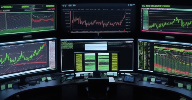 A busy trading room with multiple screens displaying financial data