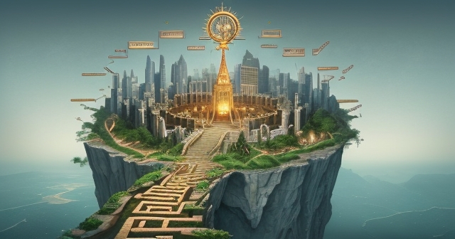 A symbolic representation of the Forex market as a complex maze with traders lost inside.