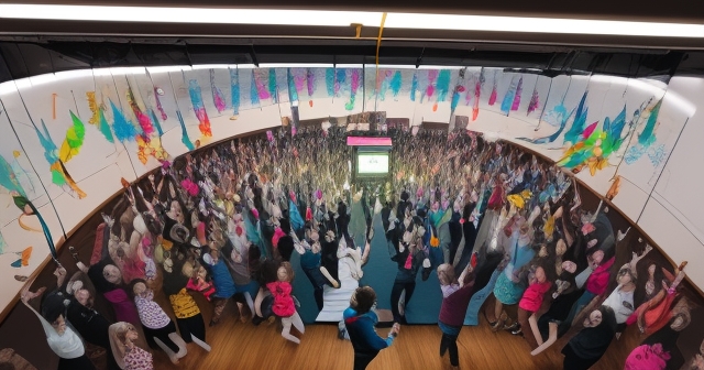 A diverse group of people participating in the TikTok Ceiling Challenge.