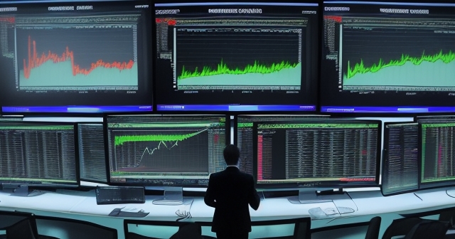 A confident trader standing in front of fluctuating market displays