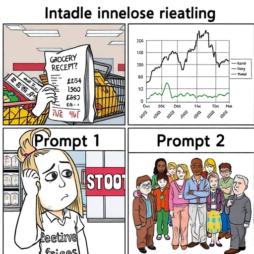 An illustration of two contrasting worlds, one with booming economic indicators and another with distressed citizens.