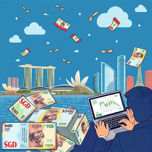 An illustration of Singapore's skyline with SGD notes flowing like a river