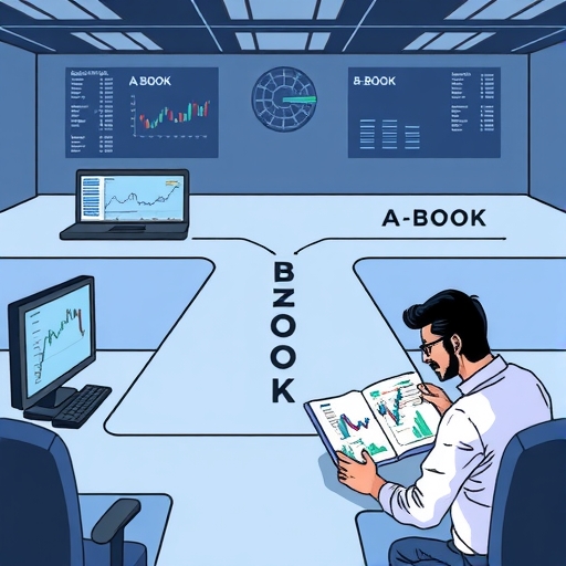 A trading desk with A-Book and B-Book models visually represented.