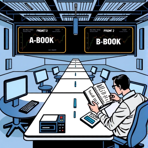 A trader analyzing broker models with charts and graphs.
