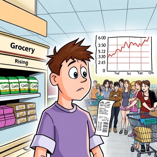 A person looking confused at a grocery store receipt amidst rising prices and cheerful headlines.