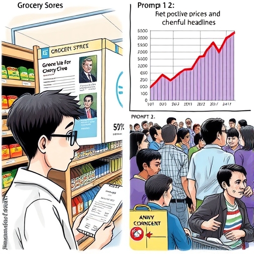 A chart showing positive economic data with a sad crowd in the background feeling financially strained.