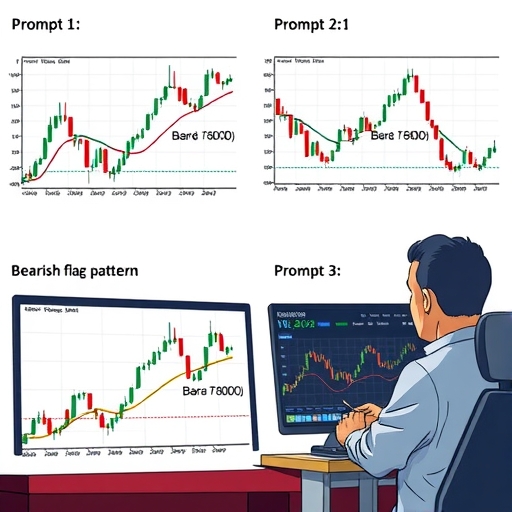 A trader analyzing flag patterns in forex with candlestick charts in the background