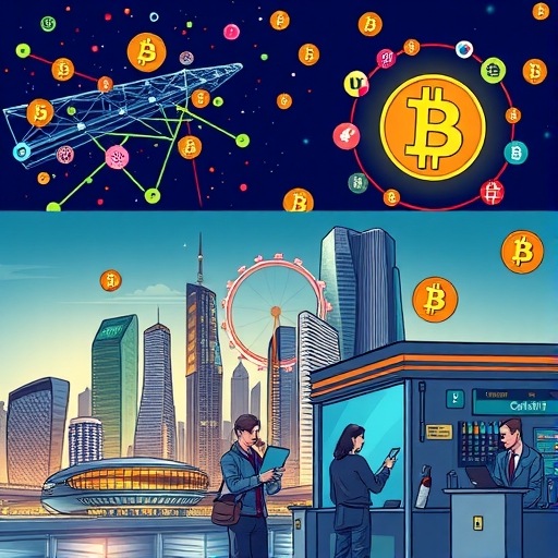 A futuristic city with digital currency symbols glowing in the skyline.