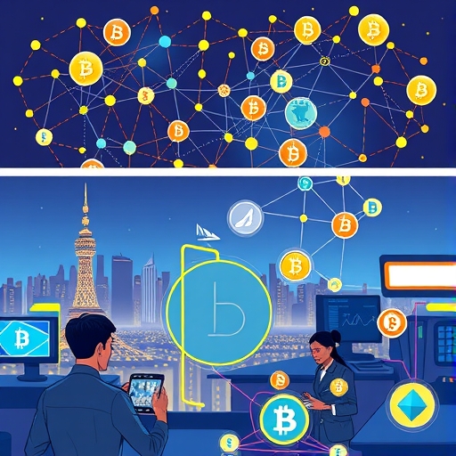 People trading cryptocurrencies on their devices in a bustling marketplace.