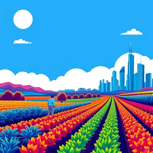 A futuristic city skyline symbolizing the DeFi ecosystem with blockchain elements