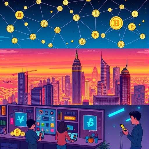 A vibrant blockchain network illustration with diverse cryptocurrencies.