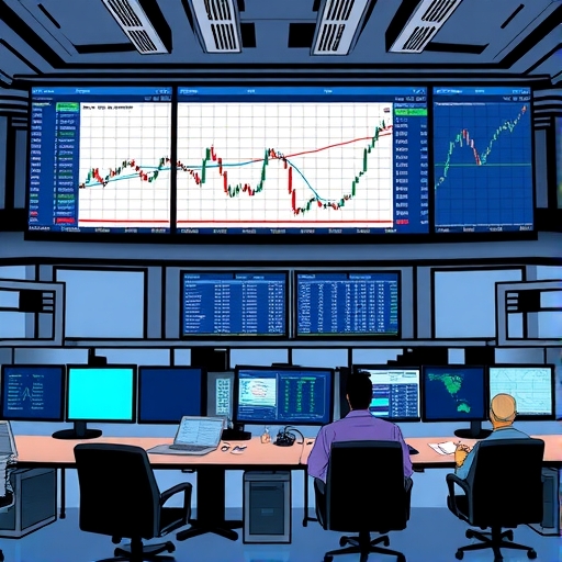 An institutional trading floor with large monitors