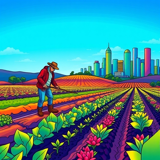 An abstract landscape showing liquidity pools and AMMs in vibrant colors