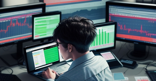 a busy trading desk with multiple screens