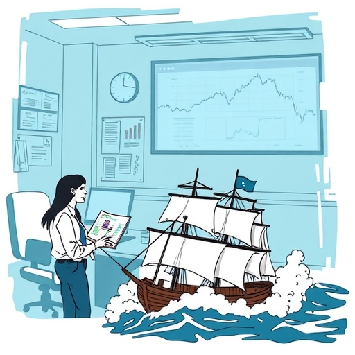 Illustration of a ship navigating turbulent waters symbolizing market volatility