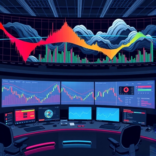 A futuristic control room with multiple screens displaying market trends