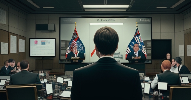Sam Bankman-Fried in a modern office, crypto charts on screens.