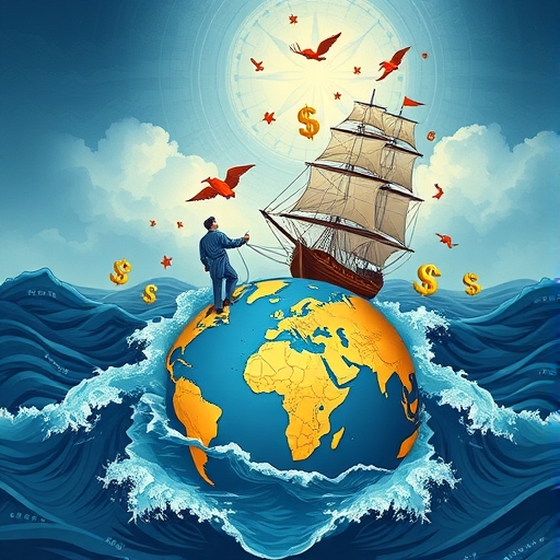 A trader navigating turbulent waters with charts and currency symbols