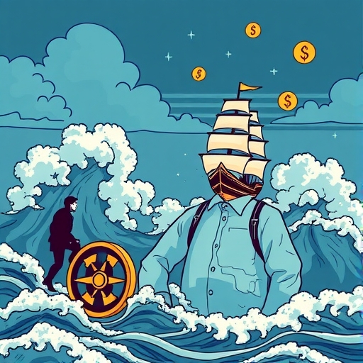 A ship sailing on a globe with exotic currency symbols floating around