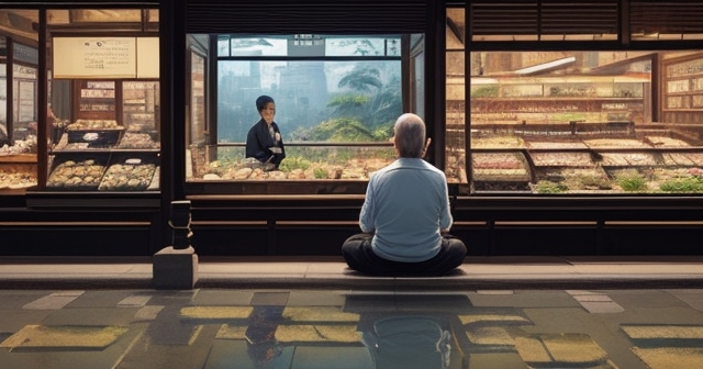 A serene trader meditating in a calm environment