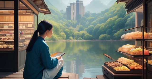 A peaceful scene of two traders discussing strategy