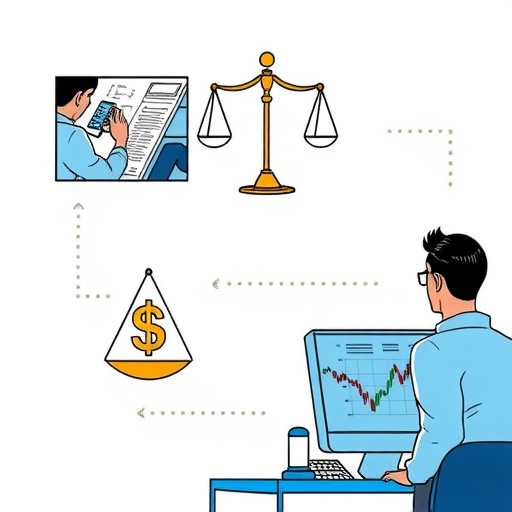 A balanced scale with profit and loss symbols, representing the risks and rewards of forex trading