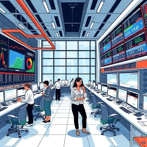 A modern trading floor bustling with activity and screens displaying stock prices