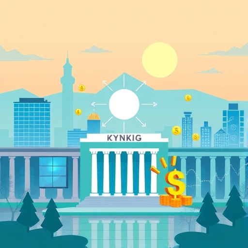 A digital som in a futuristic city with digital currency symbols