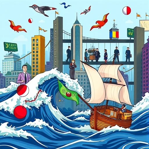 A vibrant illustration of a bustling forex market with traders exchanging currencies
