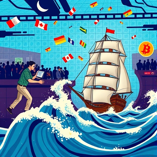 Artistic depiction of global currencies floating on waves, symbolizing market dynamics.
