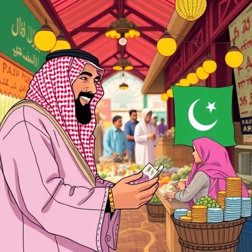 A market scene in Saudi Arabia with currency exchange activity.
