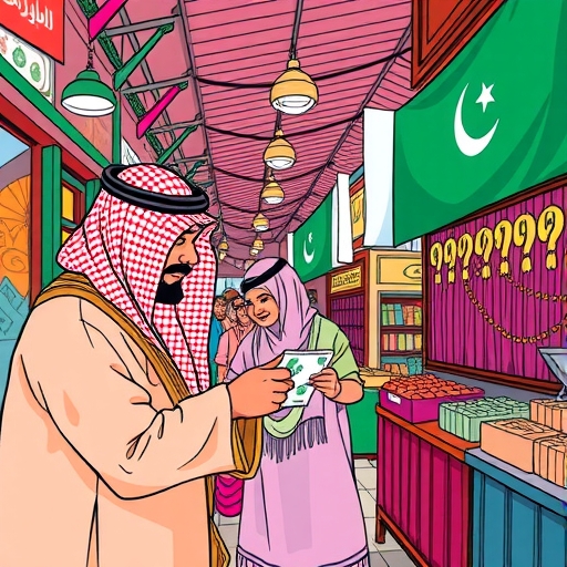 A vibrant market in Saudi Arabia focusing on remittances.