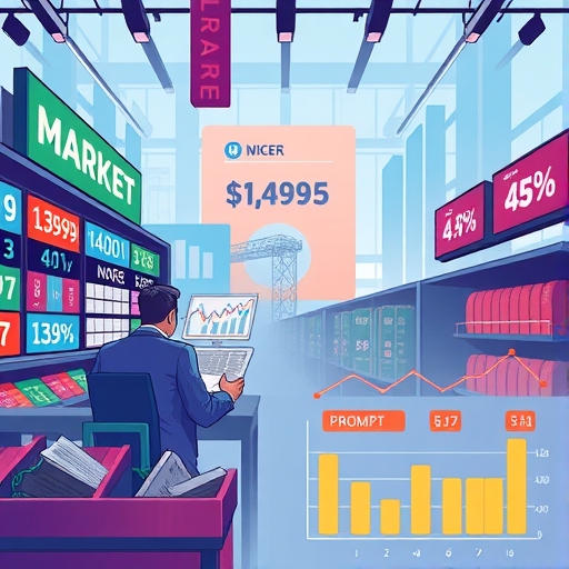 A vibrant market scene with fluctuating price tags