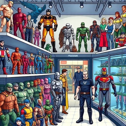 A modern toy shop filled with premium action figures, highlighting the latest high-end collectibles and enthusiastic customers.