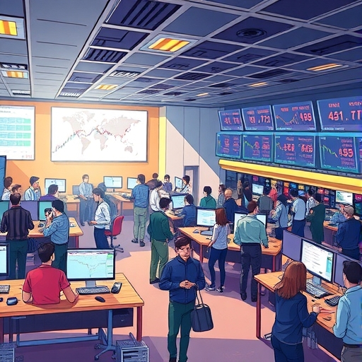 A bustling trading floor with traders communicating rapidly.