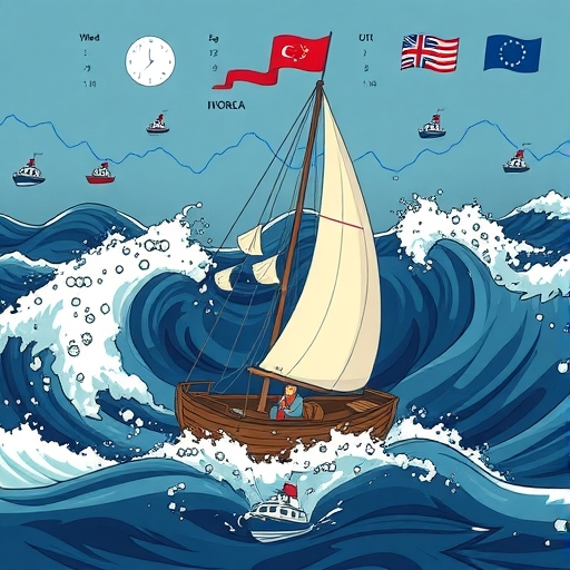 An illustration of currency values fluctuating like boats in a stormy sea