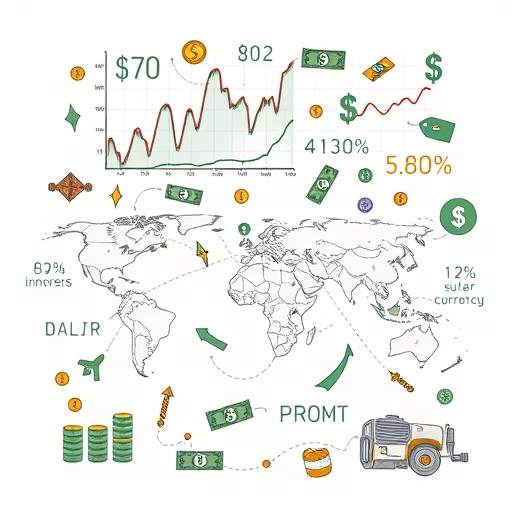 Artistic depiction of global trade with the US Dollar at its center, showcasing currency interactions.
