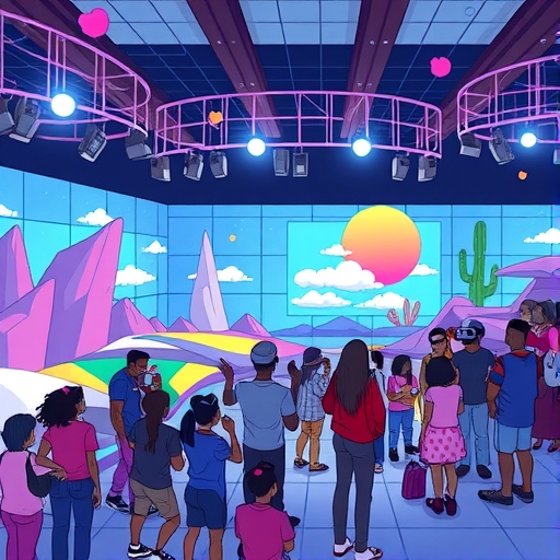 An engaging metaverse community gathering in a colorful environment